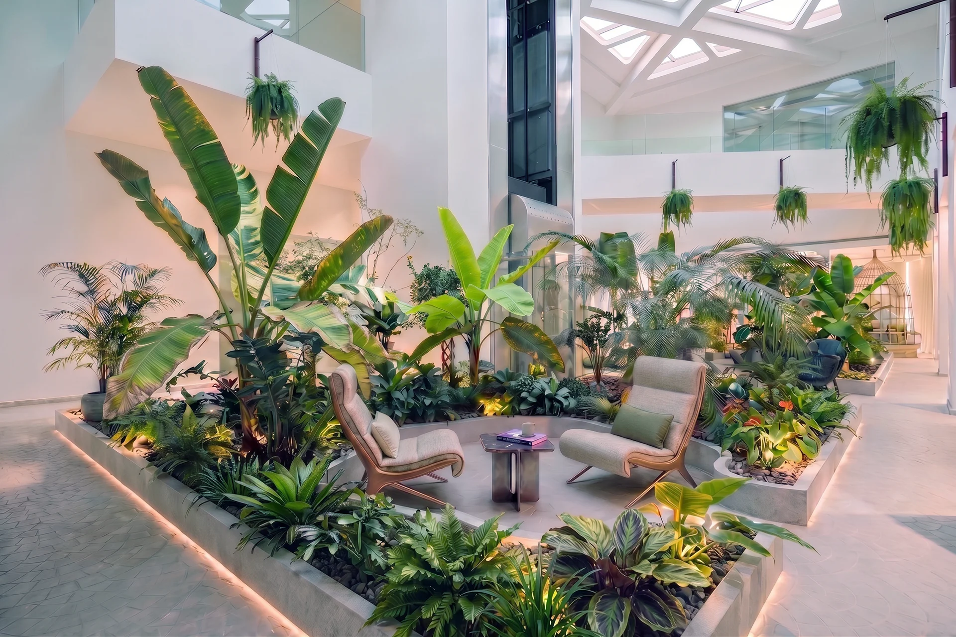 Indoor spa garden at IHG Spa Harrn Heritage, Riyadh, with tropical planting and relaxation chairs