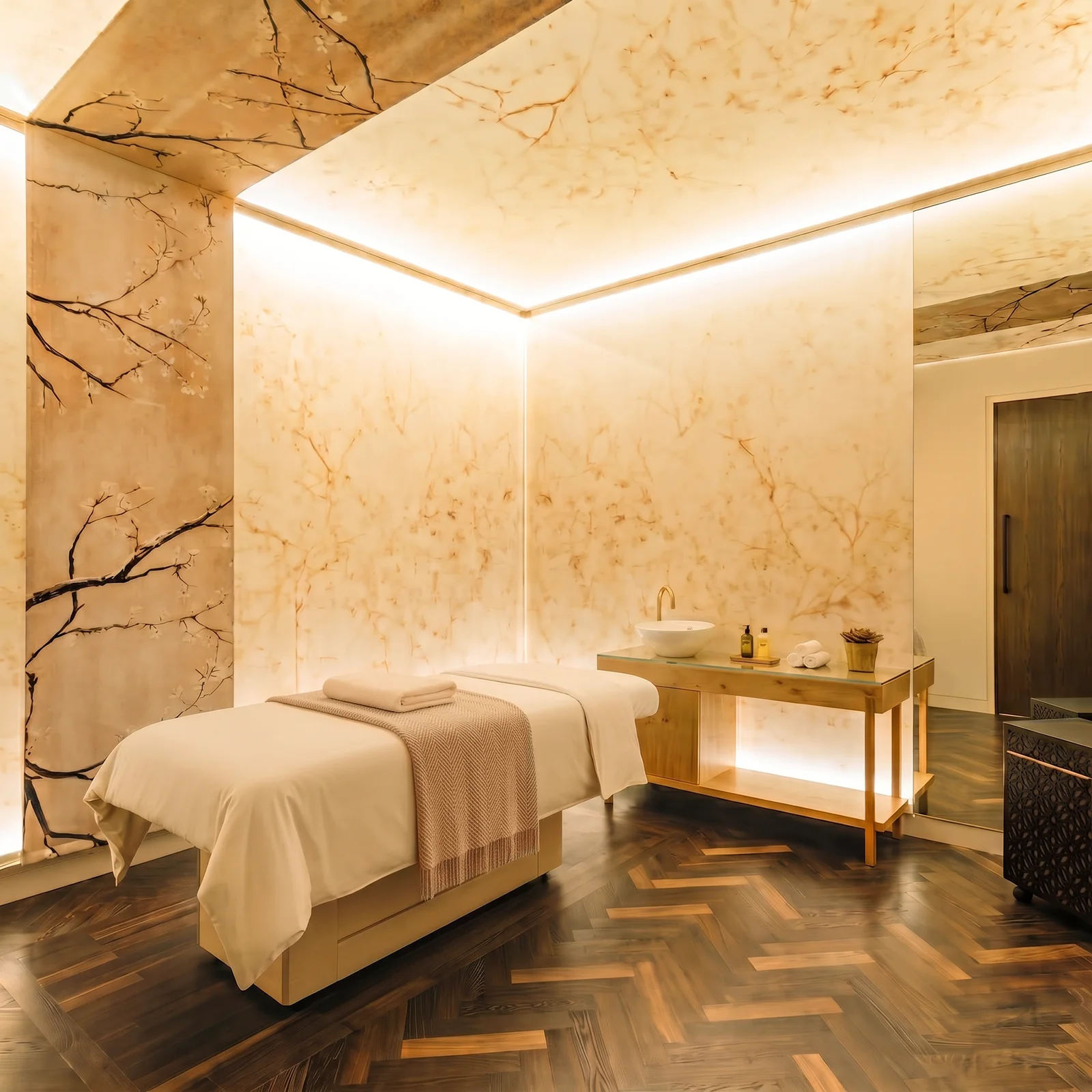Cloud Twelve London spa treatment room with illuminated botanical wall design